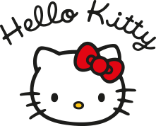 Logotipo Hello Kitty com Hello Kitty escrito acima, em um fundo rosa